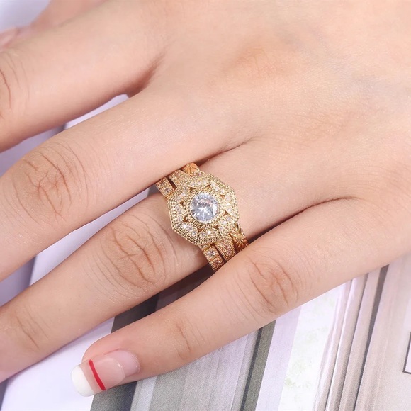 New Women’s 3pc/Set Yellow Gold Plated Diamond Ring - Picture 2 of 6